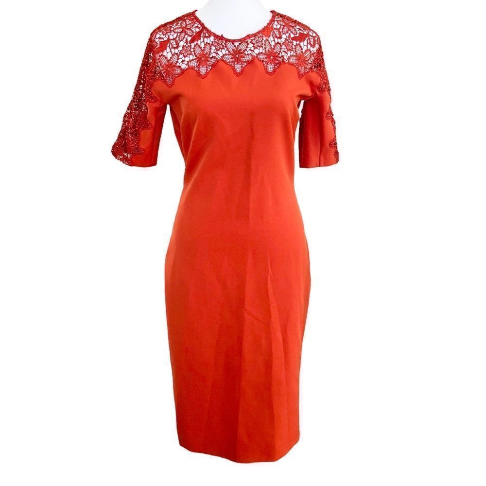 Zara Midi Dress Floral Lace Detail Orange Red Size Small - Picture 4 of 10